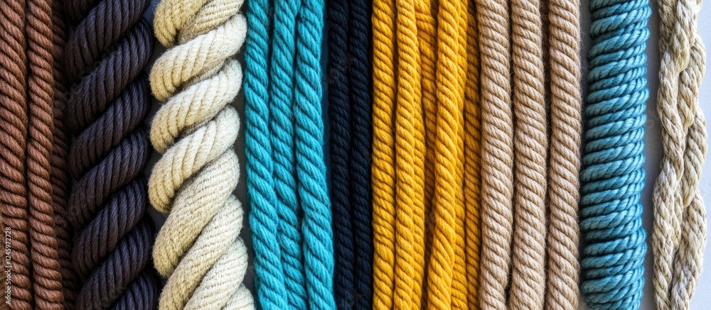 Poster Variety of colorful ropes arranged side by side on a white background showcasing texture and detail for crafting or design purposes.