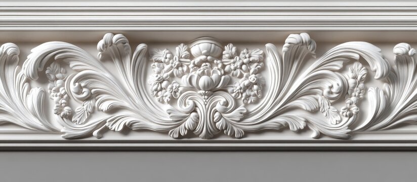 Intricate design of a classic ceiling cornice featuring floral motifs and ornate detailing in elegant plasterwork.