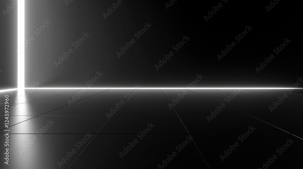 Poster Abstract digital dark gradient background with reflective floor and illuminated light lines creating an empty space for text insertion
