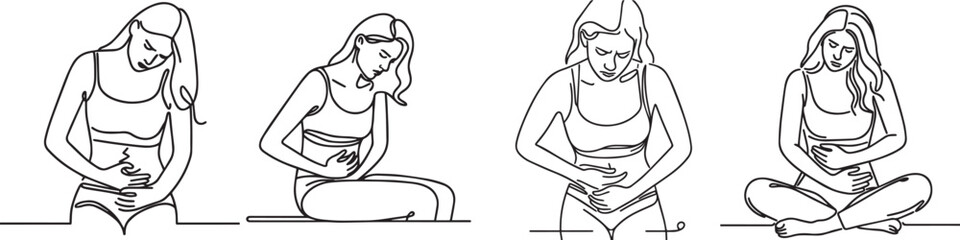 set continuous line woman stomach ache