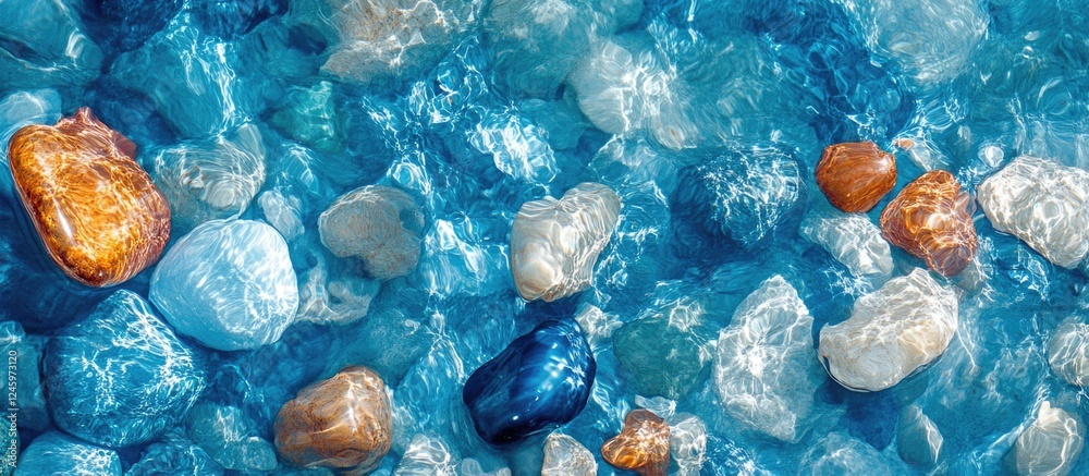 Poster colorful crystal pebbles beautifully arranged on a tranquil blue background creating a serene and ca