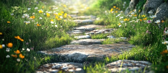 Naklejka premium Stone path winding through a vibrant grass meadow filled with wildflowers and dappled sunlight illuminating the serene landscape.