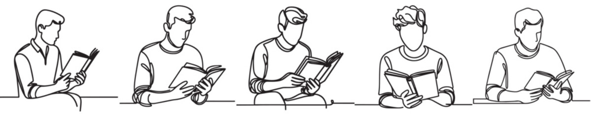 continuous line set of man reading book
