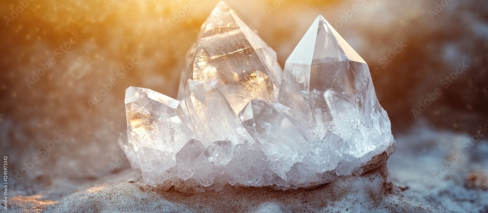 Poster glittering natural crystal quartz cluster reflecting sunlight with a beautiful bokeh background show
