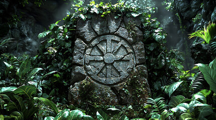 Mystical stone carving with ancient symbol, nestled within lush, overgrown jungle foliage.  Eerie, atmospheric lighting creates a sense of mystery and adventure.