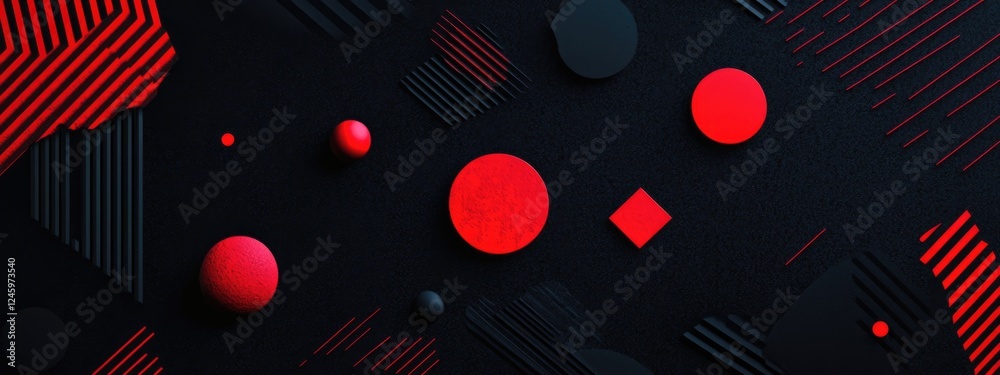 Poster vibrant red geometric shapes on a dynamic black background with halftone textures and ample space fo