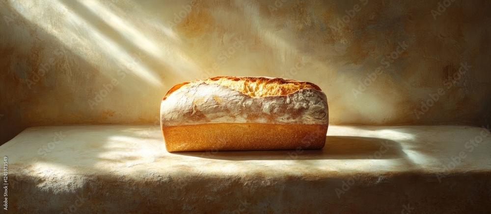 Poster Rustic loaf of bread resting on a textured surface with soft lighting creating an inviting atmosphere and highlighting its golden crust.