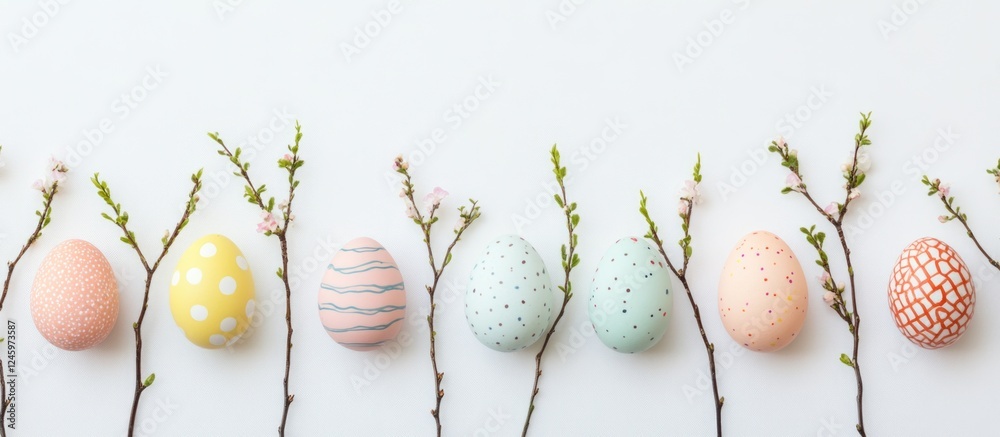 Aufkleber easter eggs in pastel colors arranged with branches on a white background for a festive spring postc
