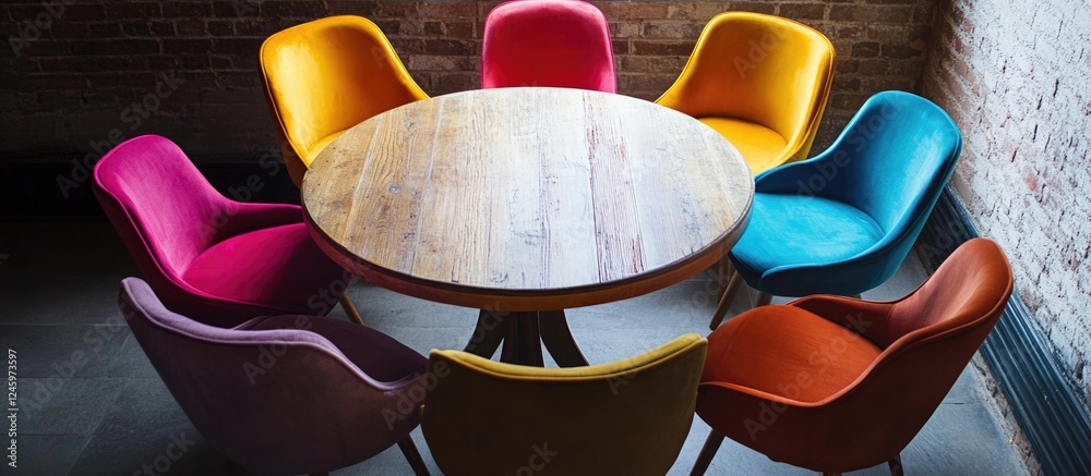 Poster vibrant chairs encircle a round wooden table in a warm ambiance ideal for social gatherings or creat