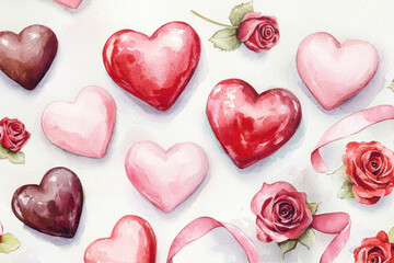 Obraz premium Colorful heart-shaped chocolates and roses create a romantic and sweet atmosphere.