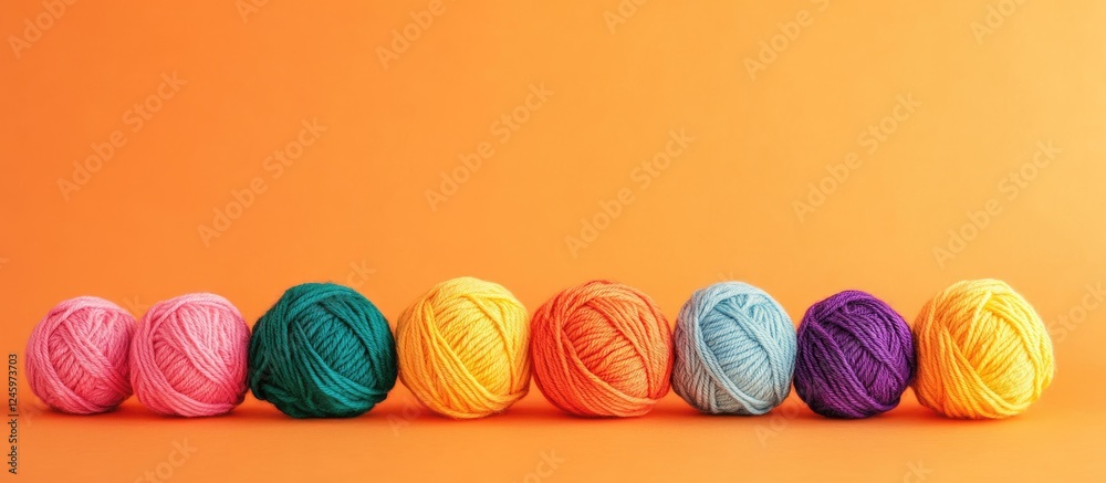 Poster Colorful yarn balls displayed in a neat row on a vibrant orange background with ample empty space for creative text placement.