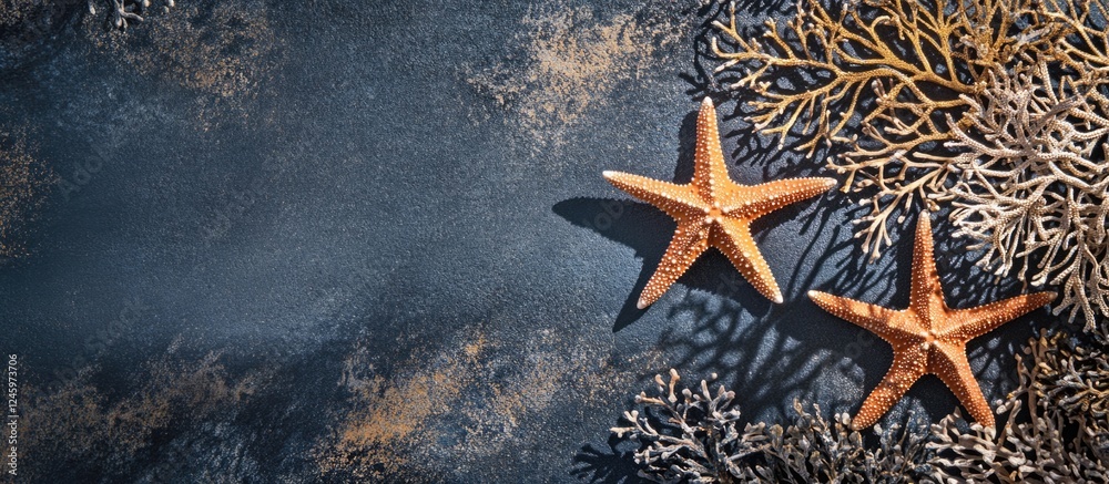 Poster starfish and sea fan casting artistic shadows on textured surface with ample space for personalized 
