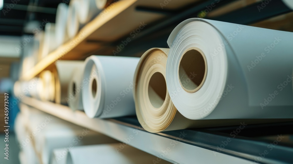 Poster display of rolled empty paper sheets on store shelving ideal for customization with blank space for 