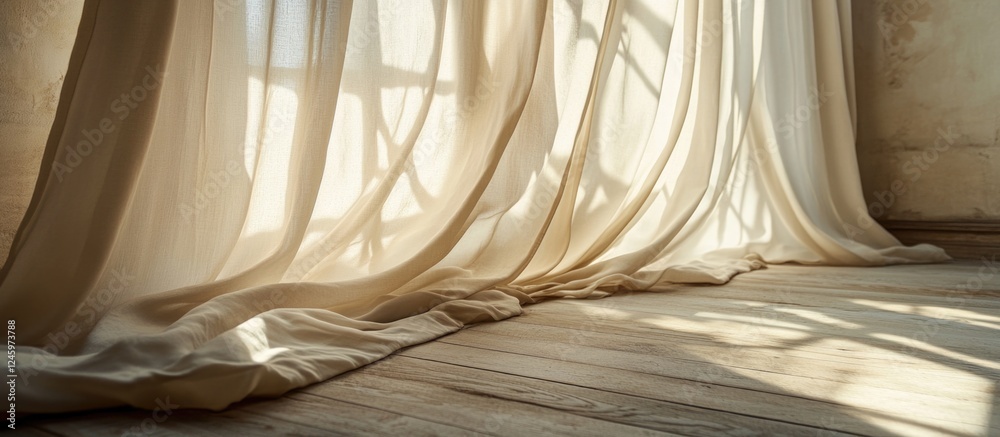 Poster Soft billowing curtains draping gracefully in a sunlit room creating a warm and inviting ambiance with wooden floorboards.