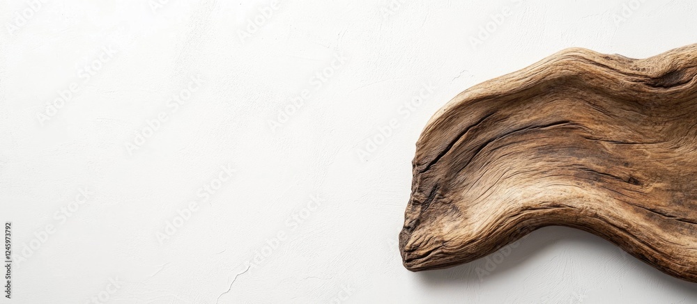 Poster curved driftwood piece on a clean white background showcasing natural textures and ample copyspace f