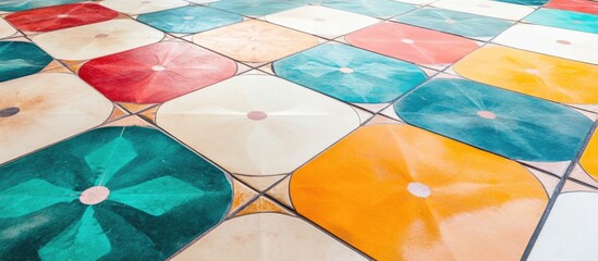 Fototapeta premium Vibrant Geometric Floor Tiles Design with Colorful Patterns and Empty Space for Custom Text or Branding