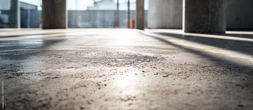 Poster Concrete floor perspective in modern building with sunlight casting shadows through structural columns. Urban architecture background.