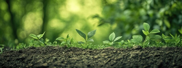 Green Plants Growing from Soil in a Lush Natural Setting with Abstract Background for Ecological and Sustainability Themes
