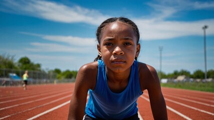 Inspiring determination of a young girl poised to sprint towards success on a vibrant track under a bright blue sky with soft clouds