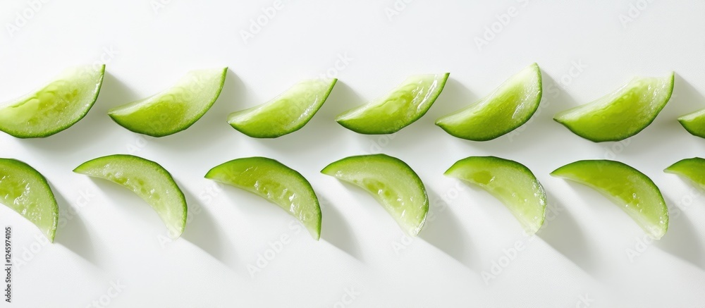 Poster Fresh cucumber slices arranged in a line on a white background showcasing vibrant green colors and textures for healthy culinary imagery.