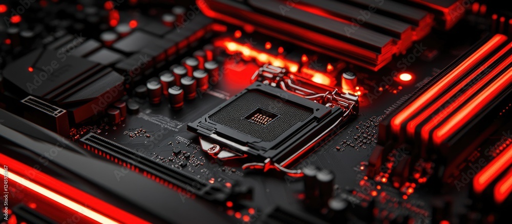 Poster computer motherboard with glowing red led lights on a dark background showcasing intricate detailing