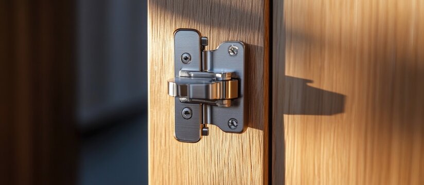 Concealed hinge detail on a cabinet door highlighting furniture fitting hardware for cupboard or wardrobe application.