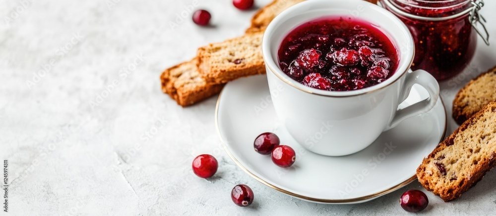 Poster espresso coffee with cranberry cantucci cookies and cranberry jam on a textured white background ide