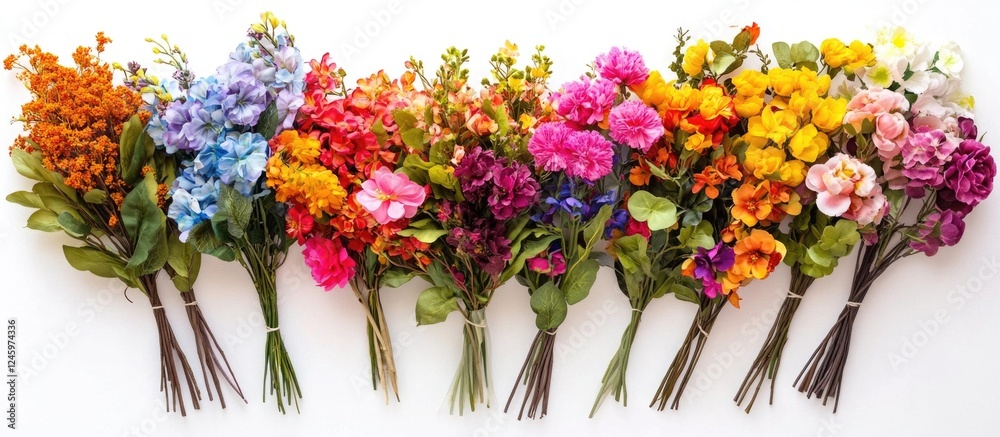 Poster colorful assortment of artificial flower bouquets isolated on white background perfect for decoratio