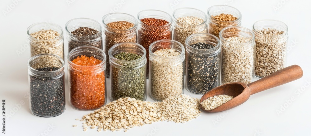 Poster diverse assortment of 20 grains displayed in jars with wooden scoop on white background showcasing n