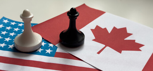 Two knights standing on American flag and Canadian flag.