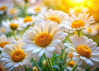 Obraz premium Vibrant yellow and white daisies dominate this macro shot, showcasing exquisite detail and shallow depth of field in a flower garden.