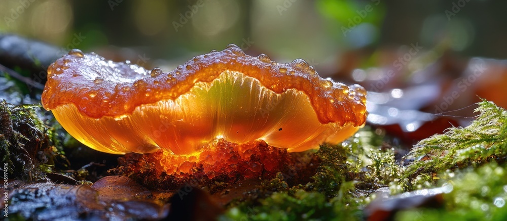 Poster dacryopinax spathularia unique spatula shaped jelly mushroom in forest setting with soft focus backg