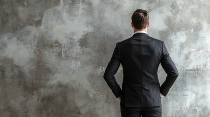 Confident businessman in suit standing with back turned against textured wall showcasing empty copy space for text or advertising.