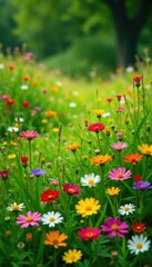 Abundant wildflowers carpeting the lush green grass, wildflowers, carpeted, flowers