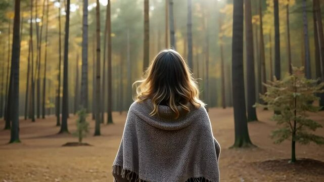 Serenity woman in knitted shawl walking through misty forest with golden light perfect for meditation sessions