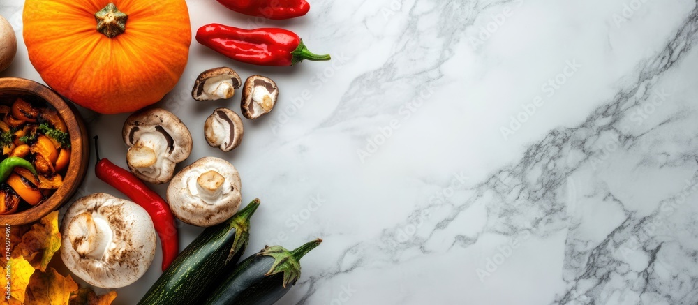 Poster colorful fresh vegetables and pumpkin on marble countertop top view with space for text or pot for c