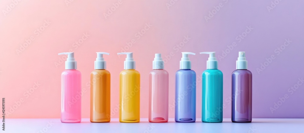 Poster Cosmetics bottles arranged in a row on a pastel colored background with space for text and branding in a modern aesthetic display