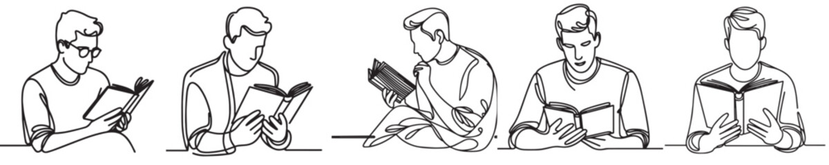 continuous line set of man reading book
