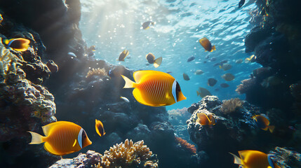 Fototapeta premium Underwater Tropical Corals Reef with colorful sea fish. Marine life sea world. Tropical colourful underwater seascape.