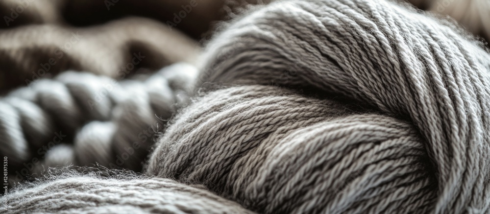 Poster Close-up of soft gray knitting yarn threads arranged artistically on a textured background for crafting and textile design inspiration.
