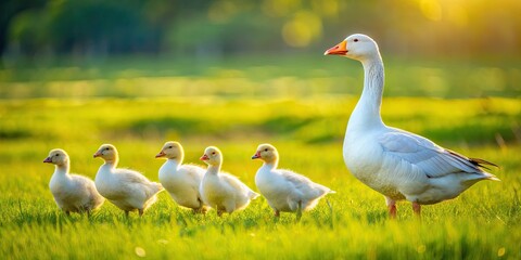 Obraz premium White geese and goslings graze peacefully in a vibrant green meadow.