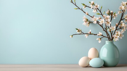 Easter day celebration with pastel tone eggs and blossoms spring setting still life view