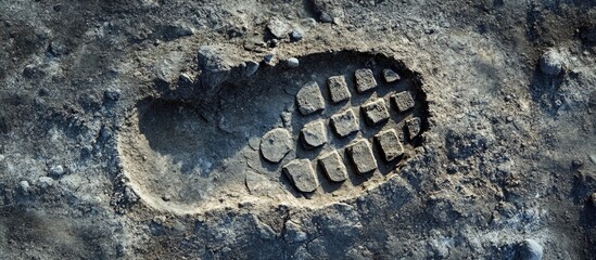 Boot print on a textured gray surface resembling the Moon capturing the essence of exploration and adventure in a flat lay view