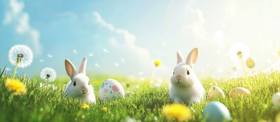 Easter background with cute rabbits playing in a sunny field filled with dandelions and colorful eggs, evoking a cheerful spring atmosphere.