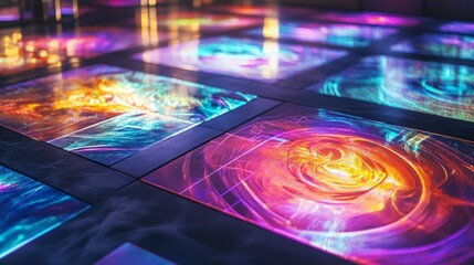 Illuminated abstract floor panels modern gallery space art installation vibrant environment upward view conceptual design