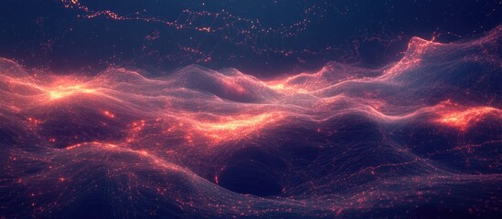 Digital landscape depicting glowing lines and cyber connections with abstract waves, ideal for showcasing technology and connectivity themes.