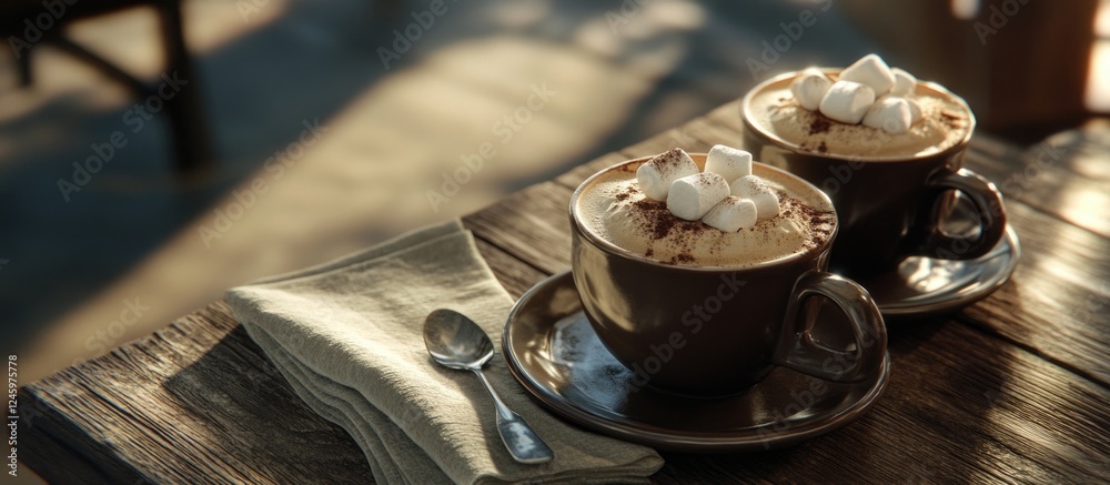 Poster cups of coffee with marshmallows on a rustic wooden table accompanied by a napkin and spoon in warm 