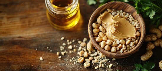 Fototapeta premium Peanuts in a wooden bowl with peanut butter and oil showcasing healthy snacks and nutrition concepts on a rustic wooden background
