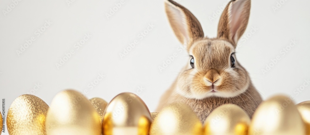 Poster Cute Easter bunny with golden eggs in a minimalistic frame creating a joyful spring greeting card design on a clean white background.