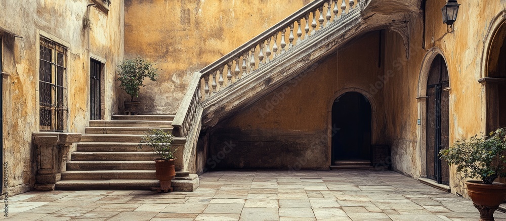 Aufkleber aged courtyard featuring vintage staircases and empty area for text insertion in an architectural se